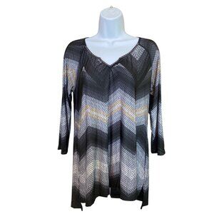 Oneworld Boho Tunic Top M Black Gray Sheer Chevron 3/4 Sleeve Y2K Indie Retro